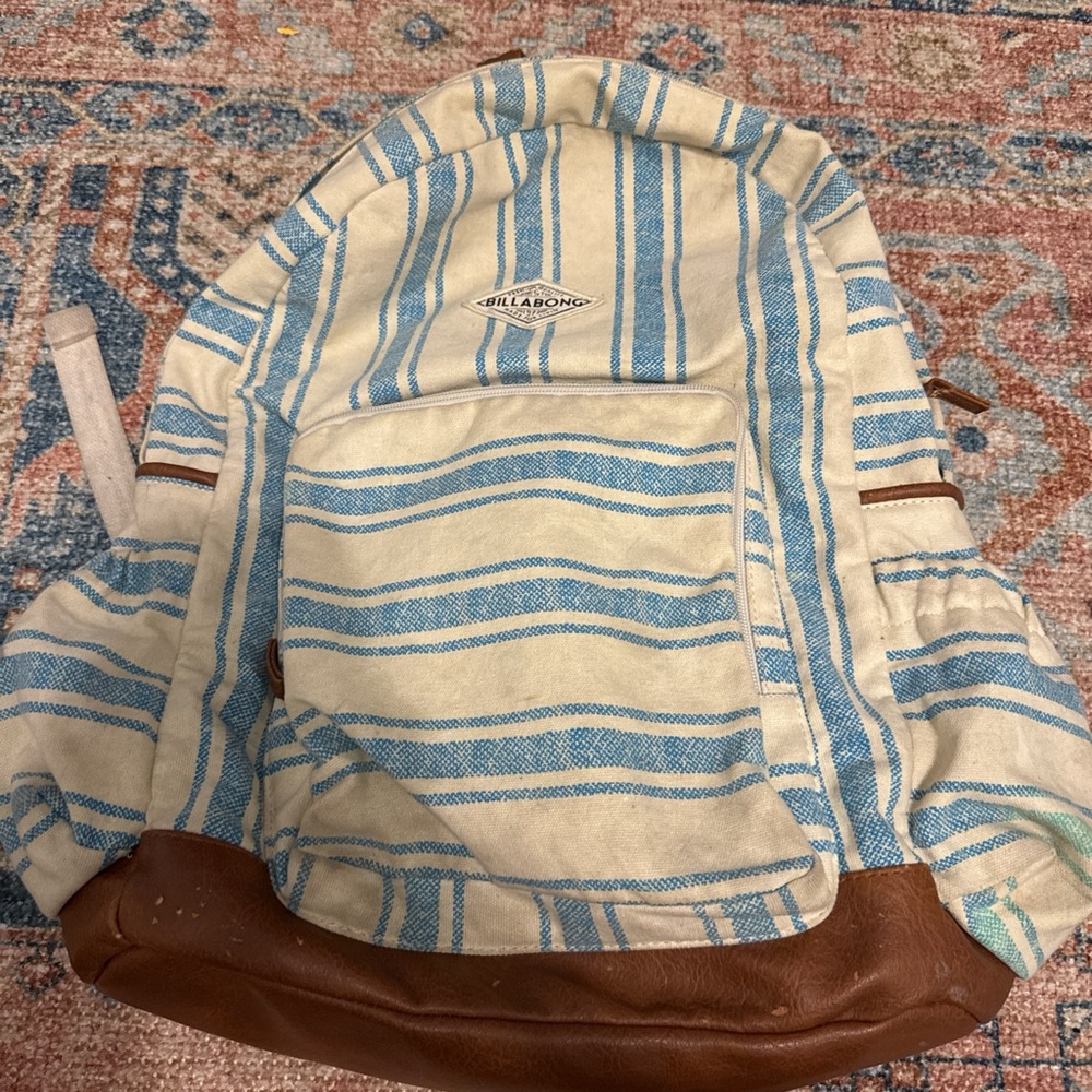 Billabong Blue and White Striped Backpack with Brown Accents